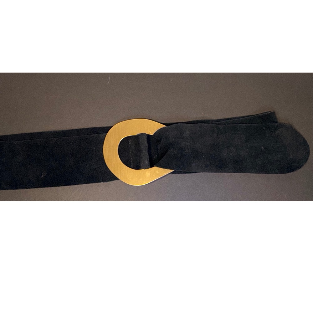 Genuine Suede Leather Wide Waist Belt Black Brushed Gold Oval Buckle Italy‎ Made